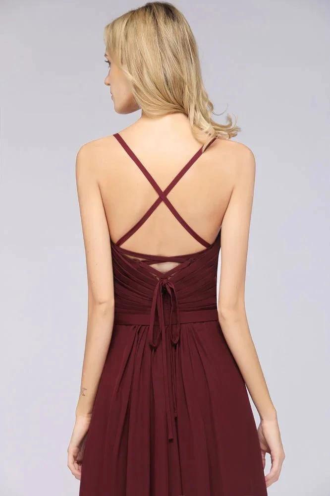 A-Line Spaghetti-Straps Sweetheart Sleeveless Bridesmaid Dress Ruffles Chiffon Evening Maxi Gown (ZD13102)