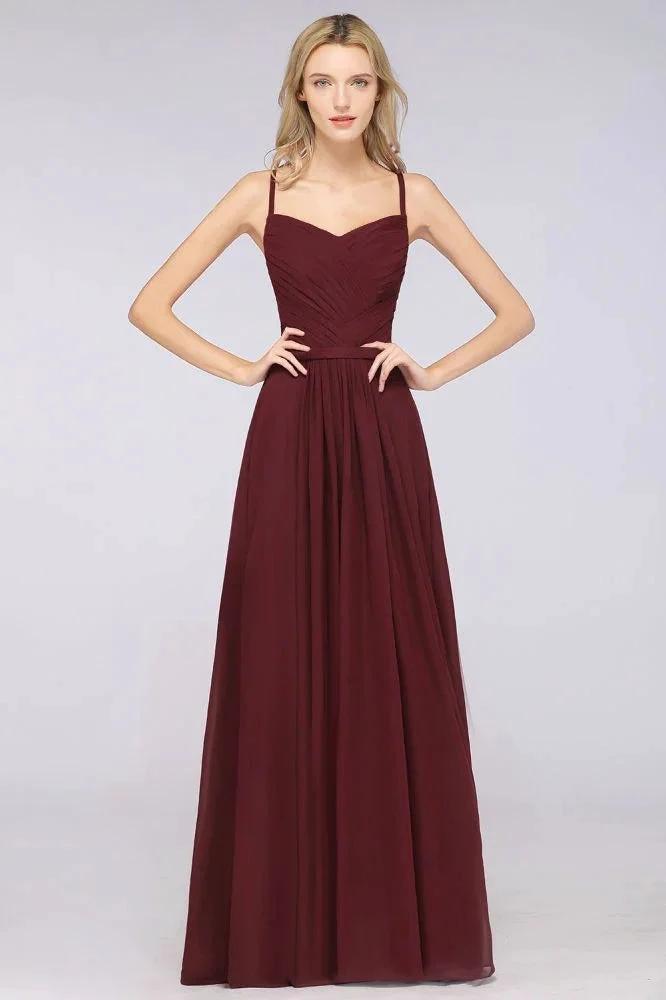 A-Line Spaghetti-Straps Sweetheart Sleeveless Bridesmaid Dress Ruffles Chiffon Evening Maxi Gown (ZD13102)