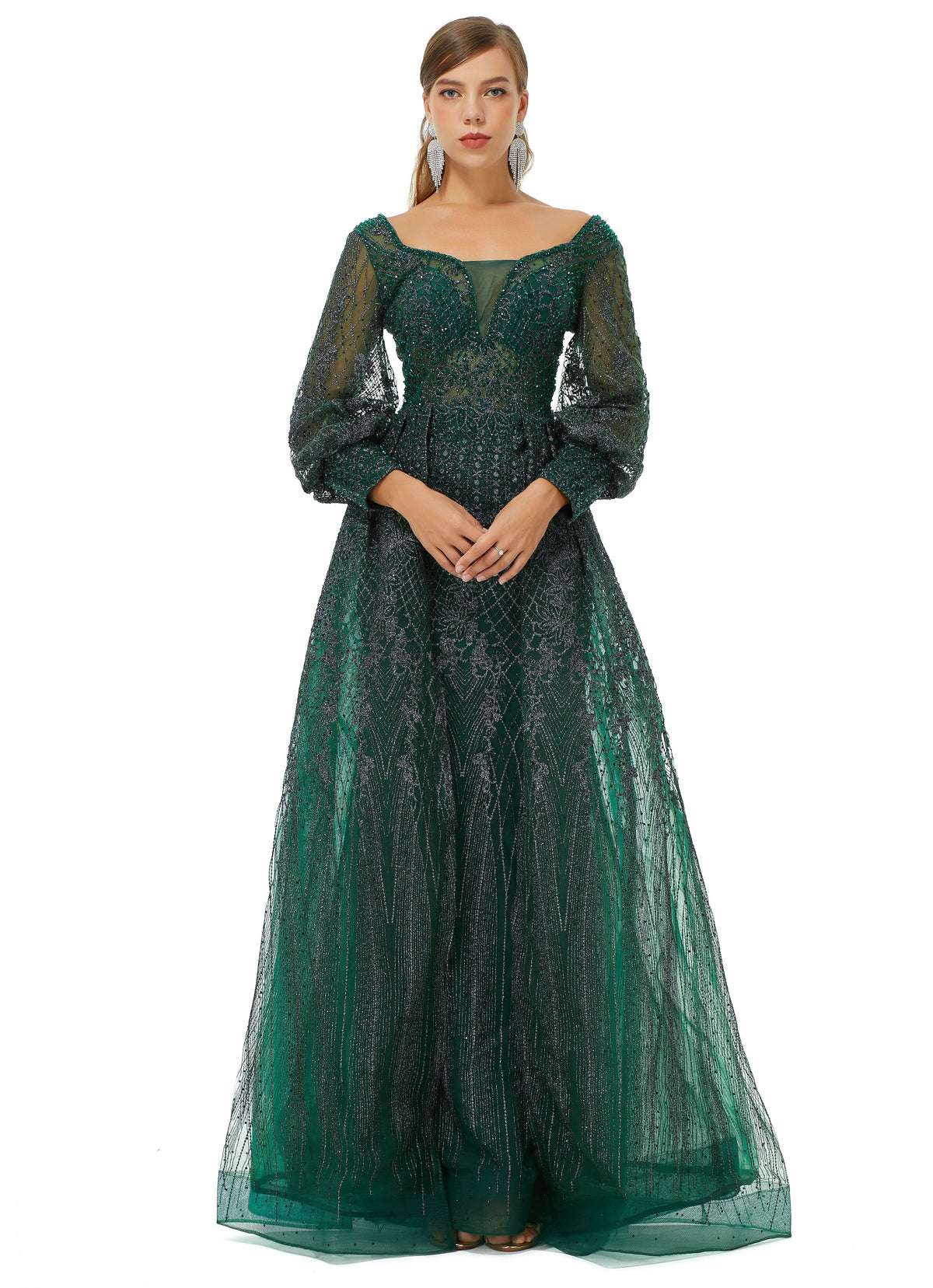 A-Line Square Neckline Sequined Floor-Length Long Sleeve Open Back Appliques Lace Prom Dress