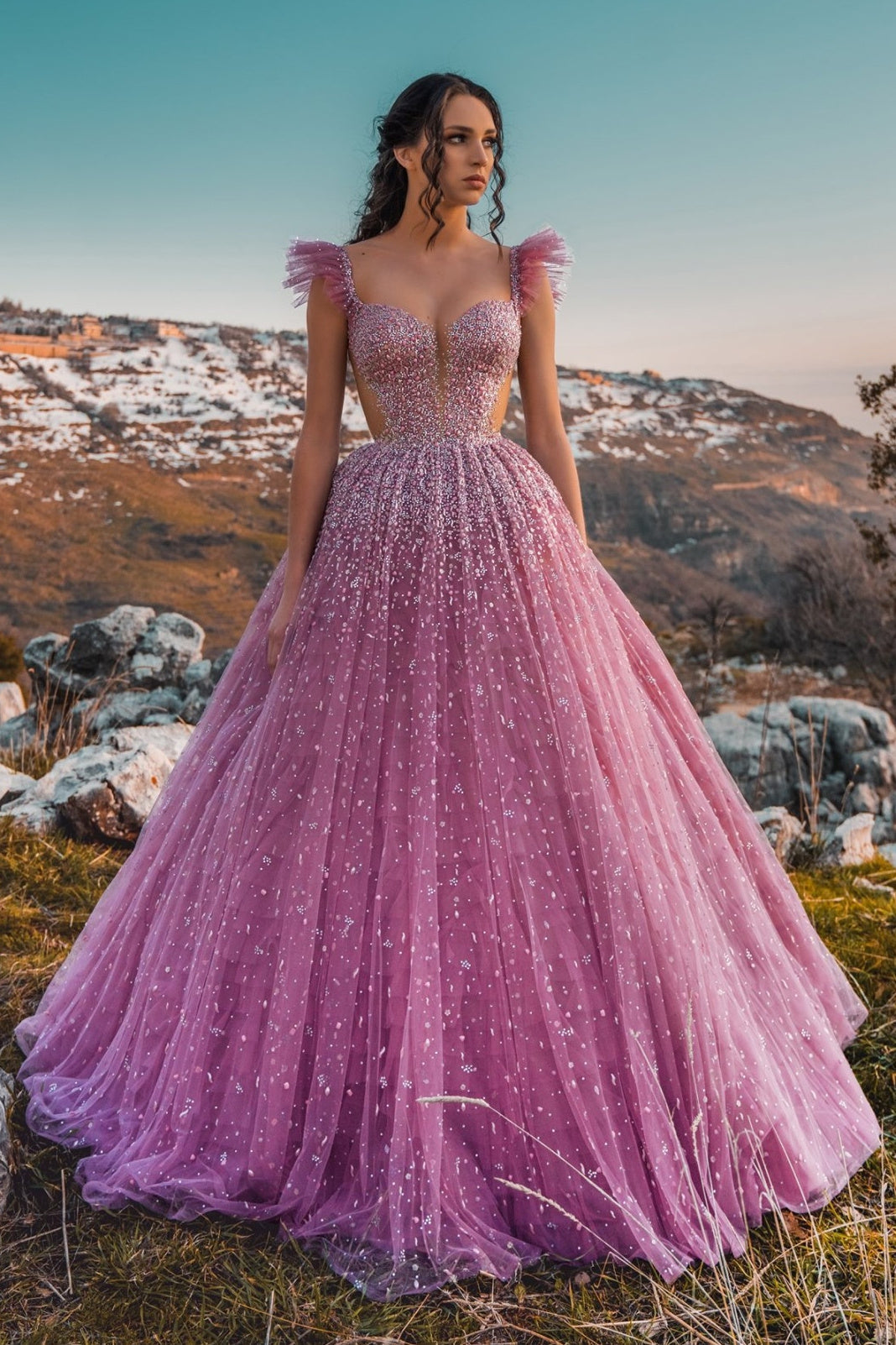 A-Line Strap Sweetheart Lace Sequined Floor-Length Prom Dress
