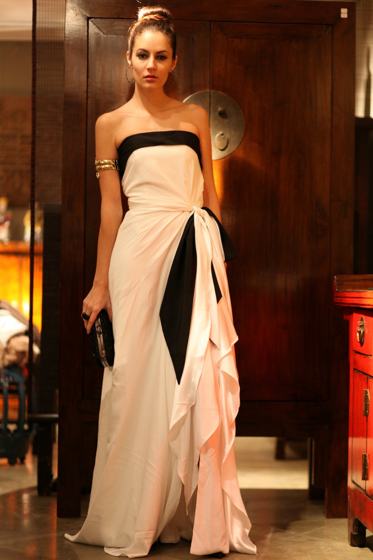 A-Line Strapless Front Slit Floor-Length Bicolor Chiffon Evening Dress