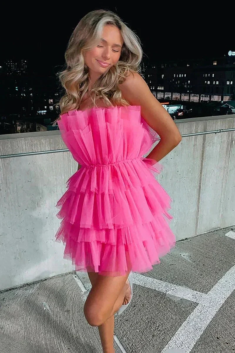 Azalea Strapless A-line Hot Pink Short Homecoming Dress by Ombreprom