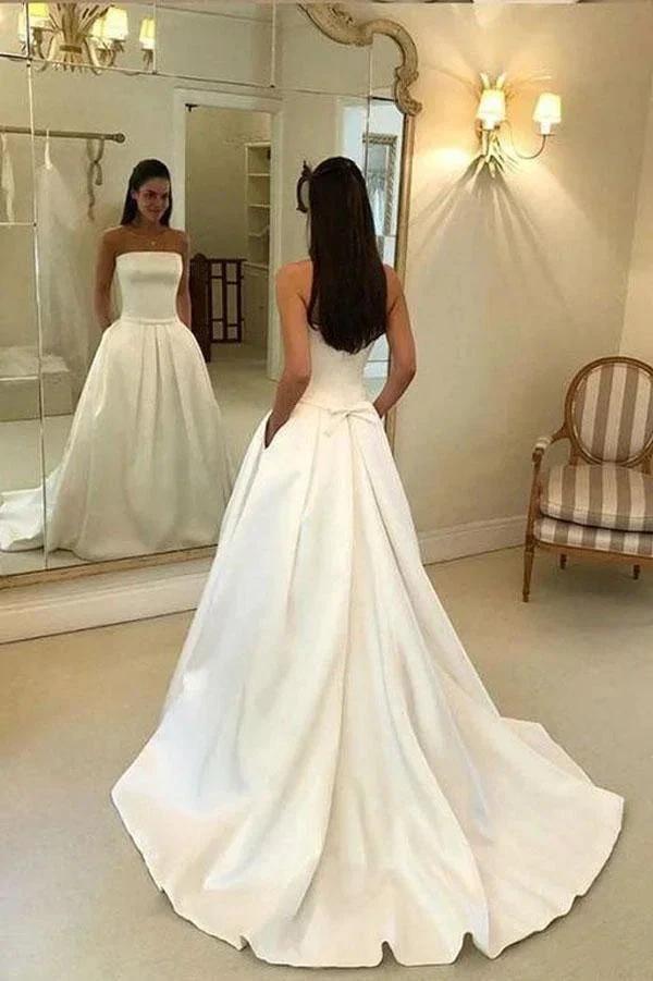 A-line Strapless Open Back Satin  Ivory Wedding Dress with Pockets (ZD15343)