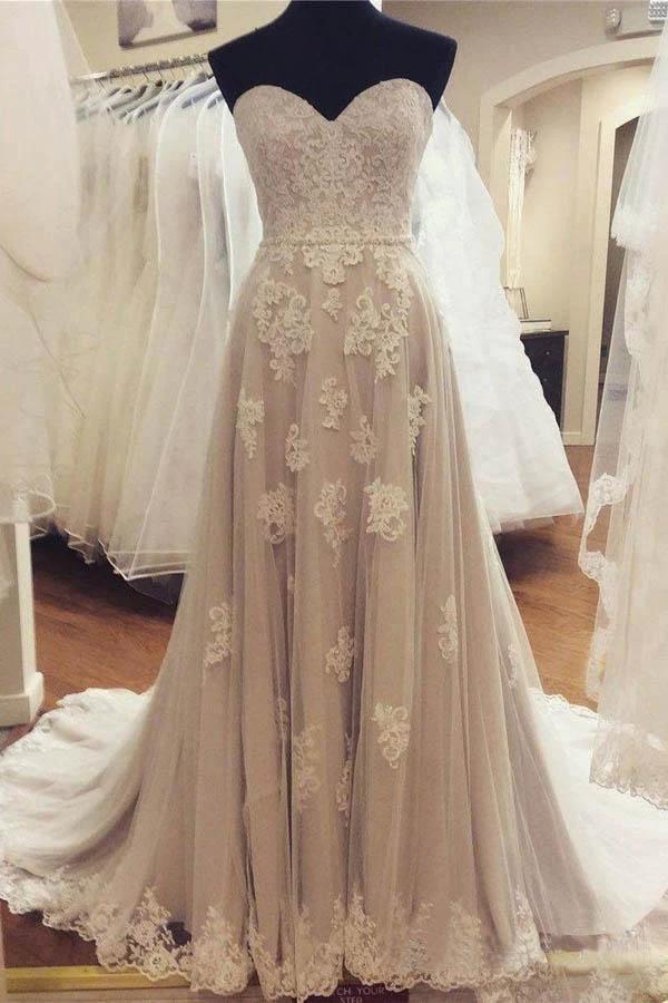 A-line Strapless Sweetheart Neck Lace Appliqued Wedding Dresses (ZD15369)