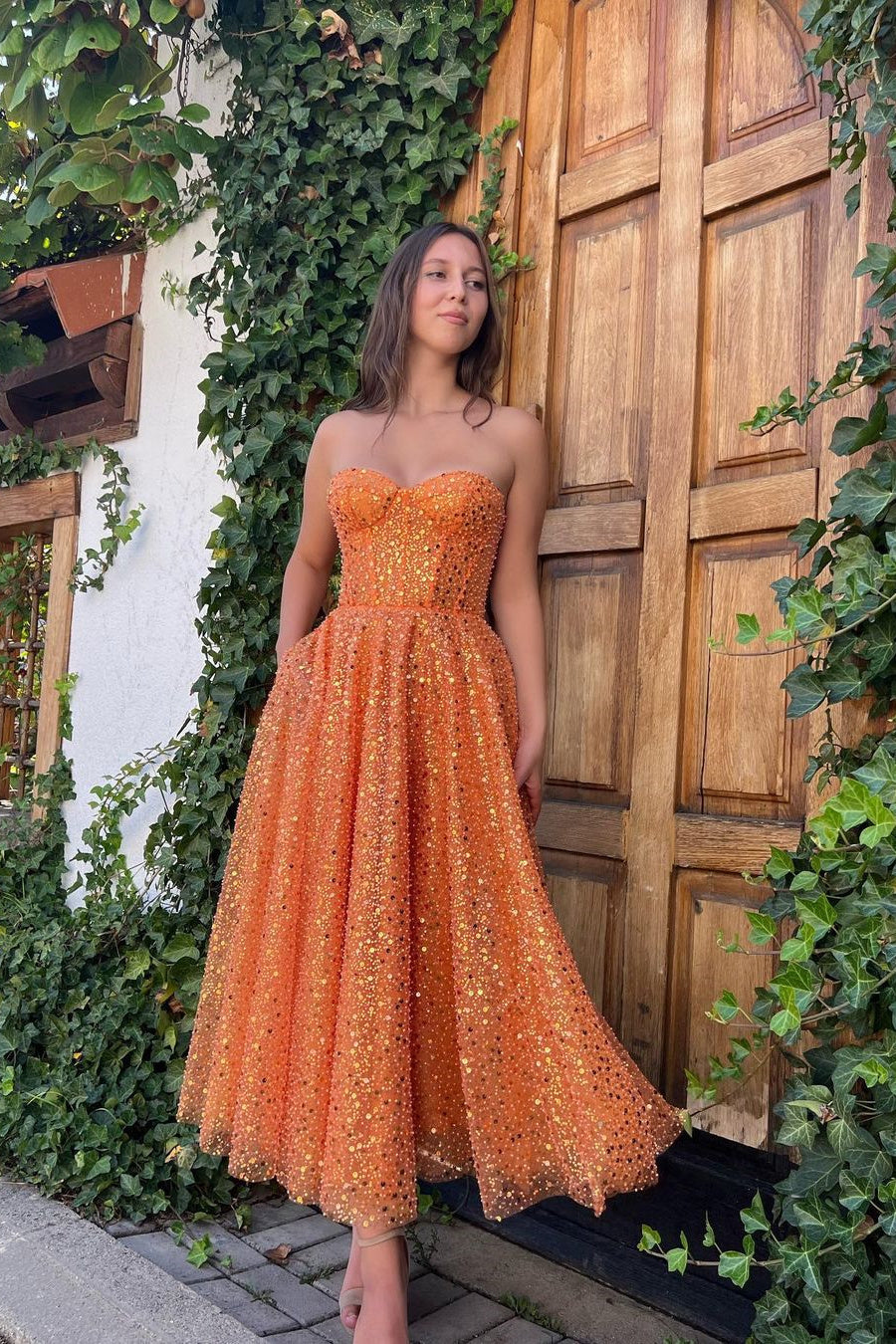 A-Line Strapless Sweetheart Sequined Ankle Length Sleeveless Elegant Homecoming Dress