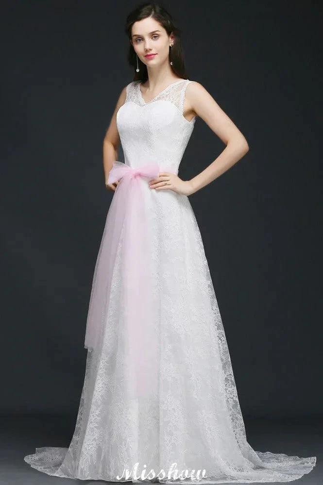 A-line Straps White Wedding Dress With Bowknot by misshow.com