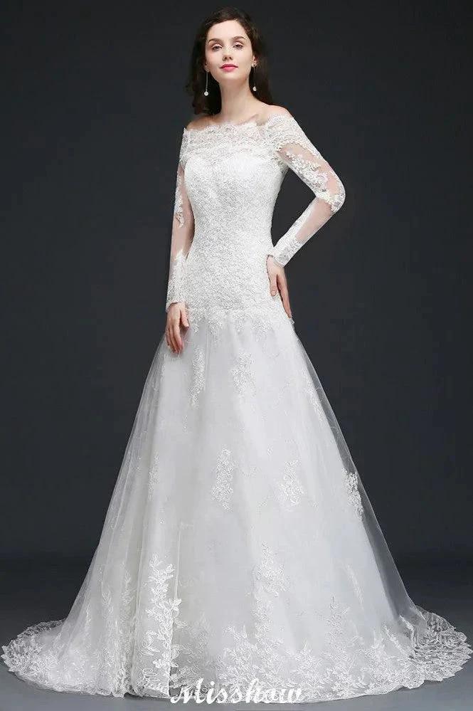 A-line Sweep-train Ivory Wedding Dress with Lace (ZD13939)