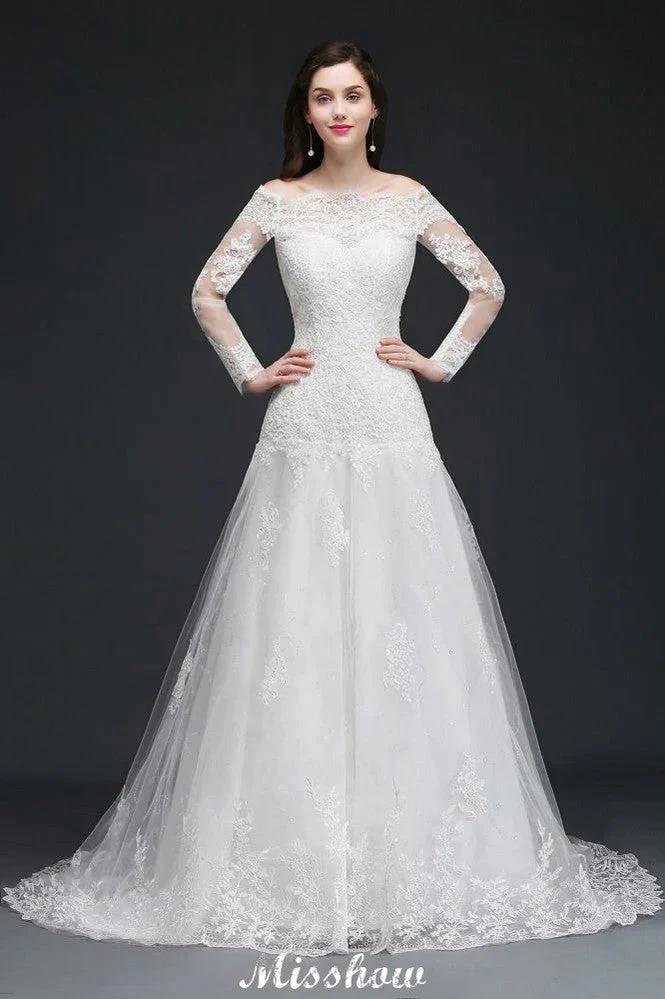 A-line Sweep-train Ivory Wedding Dress with Lace (ZD13939)