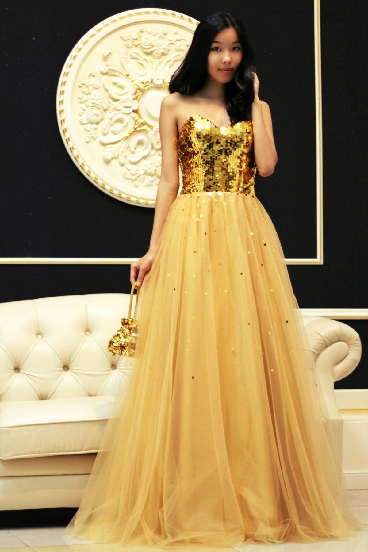 A-Line Sweetheart Floor-Length Tulle Paillette Prom Dress