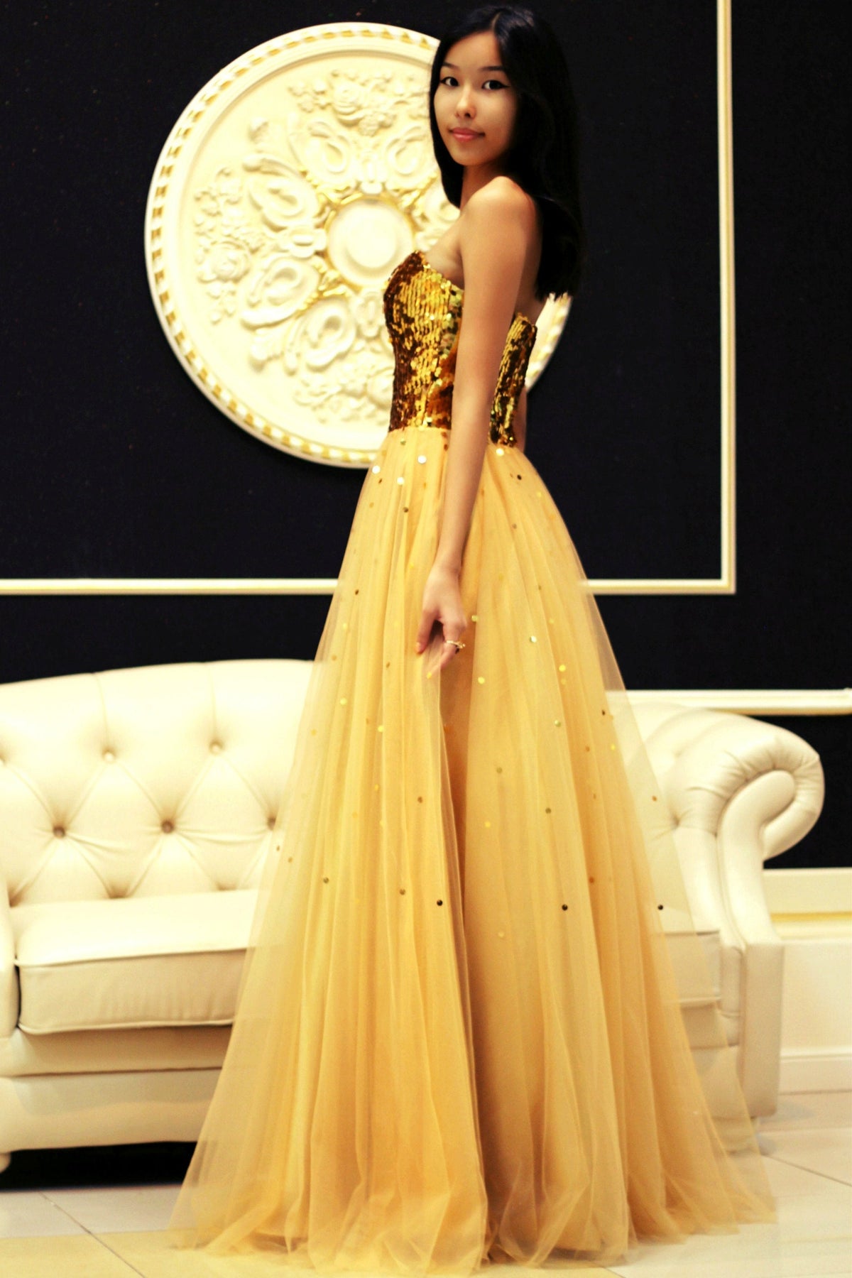 A-Line Sweetheart Floor-Length Tulle Paillette Prom Dress