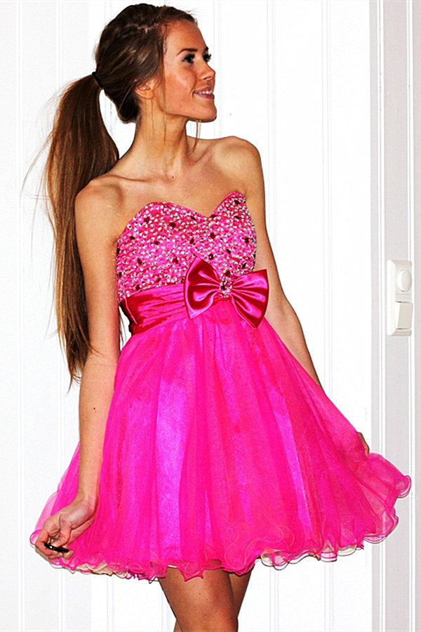 A-Line Sweetheart Knee Length Tulle Beaded Flower Homecoming Dress