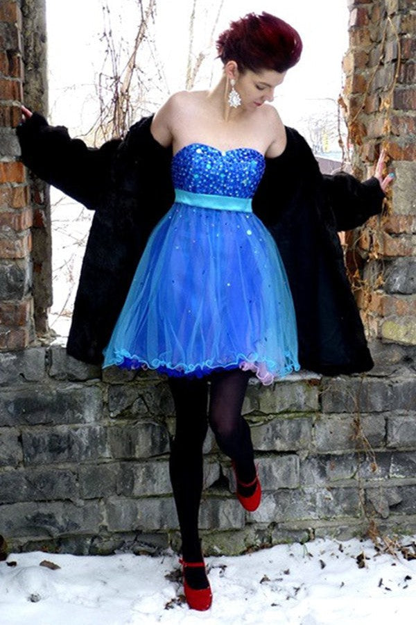 A-Line Sweetheart Knee Length Tulle Paillette Homecoming Dress