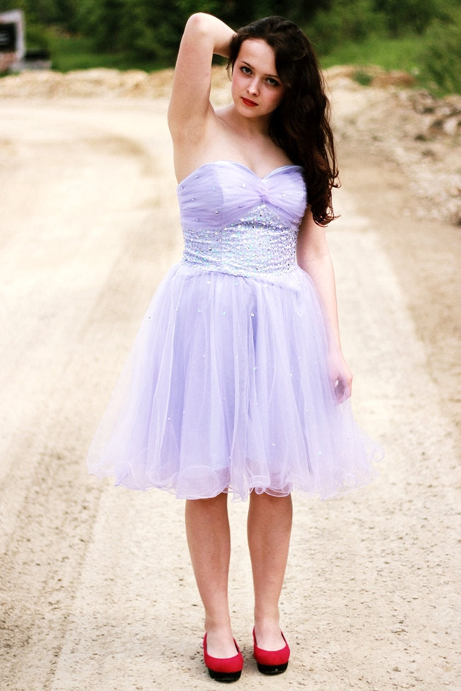 A-Line Sweetheart Knee Length Tulle Rhinestone Prom Dress
