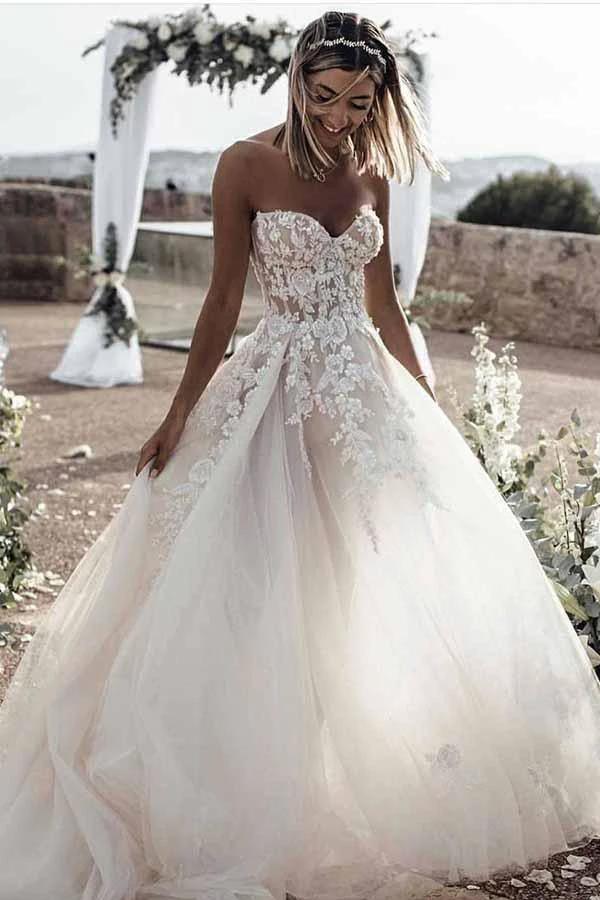 A-Line Sweetheart Sleeveless Sweep Train Tulle Wedding Dress (ZD16370)