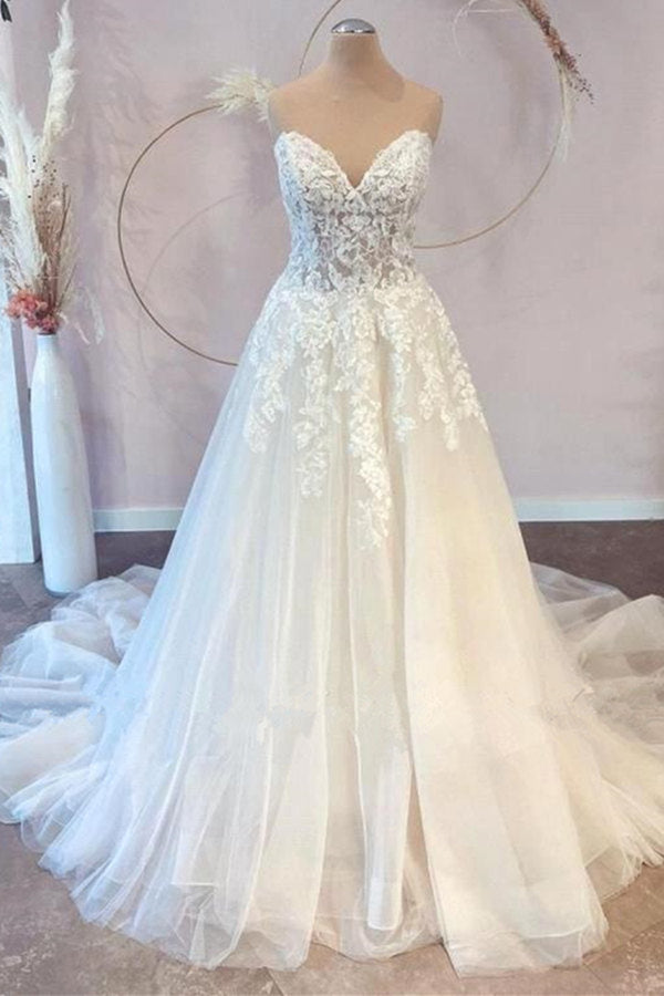 A-Line Sweetheart Strapless Floor-Length Sleeveless Backless Appliques Lace Wedding Dress