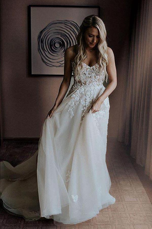 A-Line Sweetheart Sweep Train Wedding Dress with Appliques Beading (ZD15344)