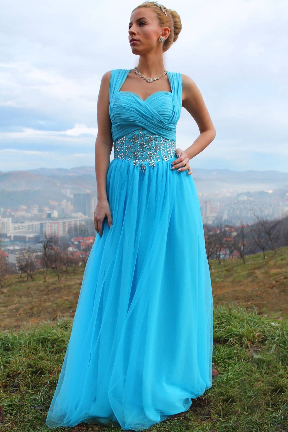 A-Line Sweetheart Wide Strap Floor-Length Chiffon Rhinestone Prom Dress