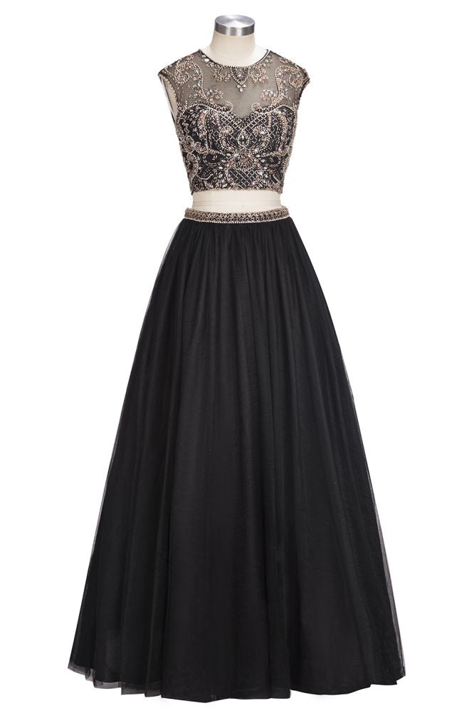 A-line Two-piece Floor Length Sleeveless Plus Size Crystals Patterns Prom Dresses - View 4 | VelvetHem