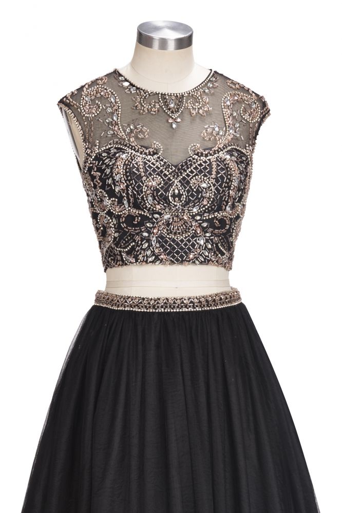 A-line Two-piece Floor Length Sleeveless Plus Size Crystals Patterns Prom Dresses - View 5 | VelvetHem