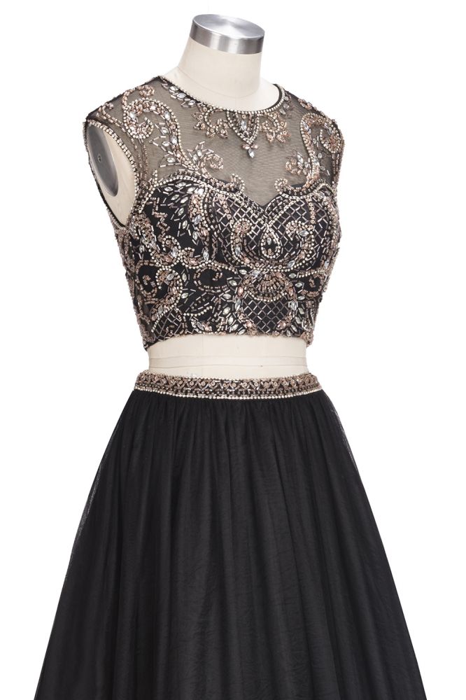 A-line Two-piece Floor Length Sleeveless Plus Size Crystals Patterns Prom Dresses - View 6 | VelvetHem