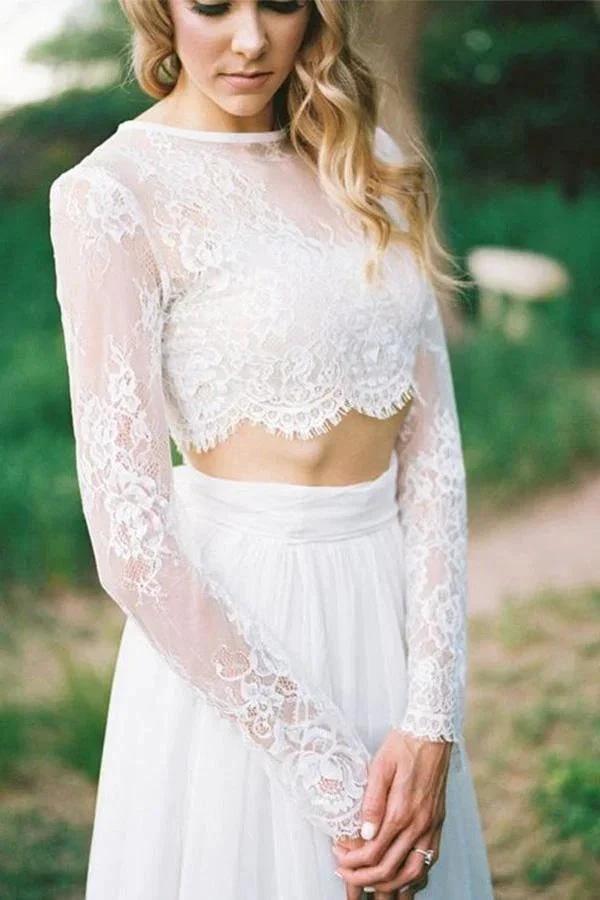 A Line Two Piece Round Neck Long Sleeves Lace Beach Wedding Dresses (ZD15305)