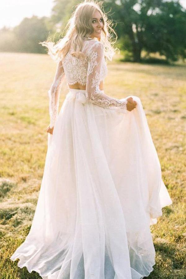 A Line Two Piece Round Neck Long Sleeves Lace Beach Wedding Dresses (ZD15305)