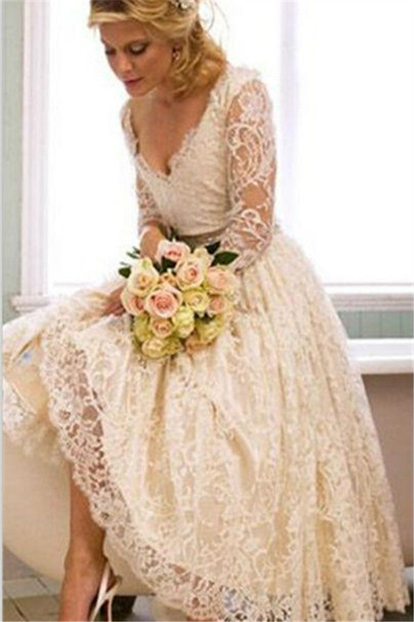 A-Line V-Neck 3/4 Long Sleeves Lace Wedding Dress New Arrival Tea-Length Plus Size Bridal Gown