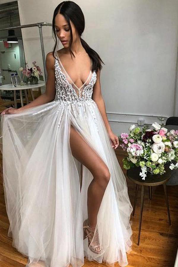 A Line V Neck Backless Beaded Tulle Ivory Wedding Dresses Bridal Gown (ZD15321)