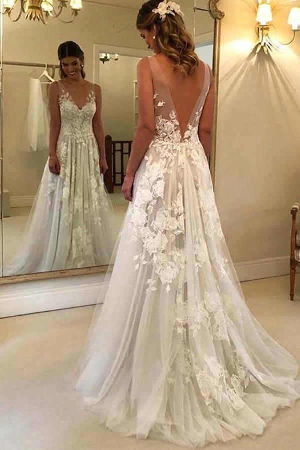 A-Line V-neck Backless Sweep Train Wedding Dress with Appliques (ZD16366)