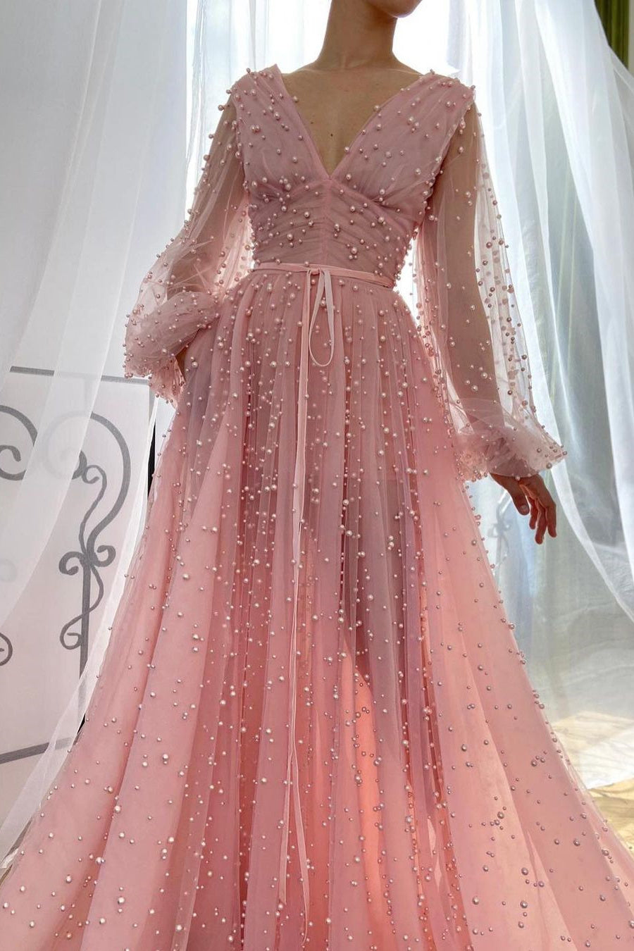 A-Line V-Neck Beaded Tulle Floor-Length Long Sleeve Classy Prom Dress