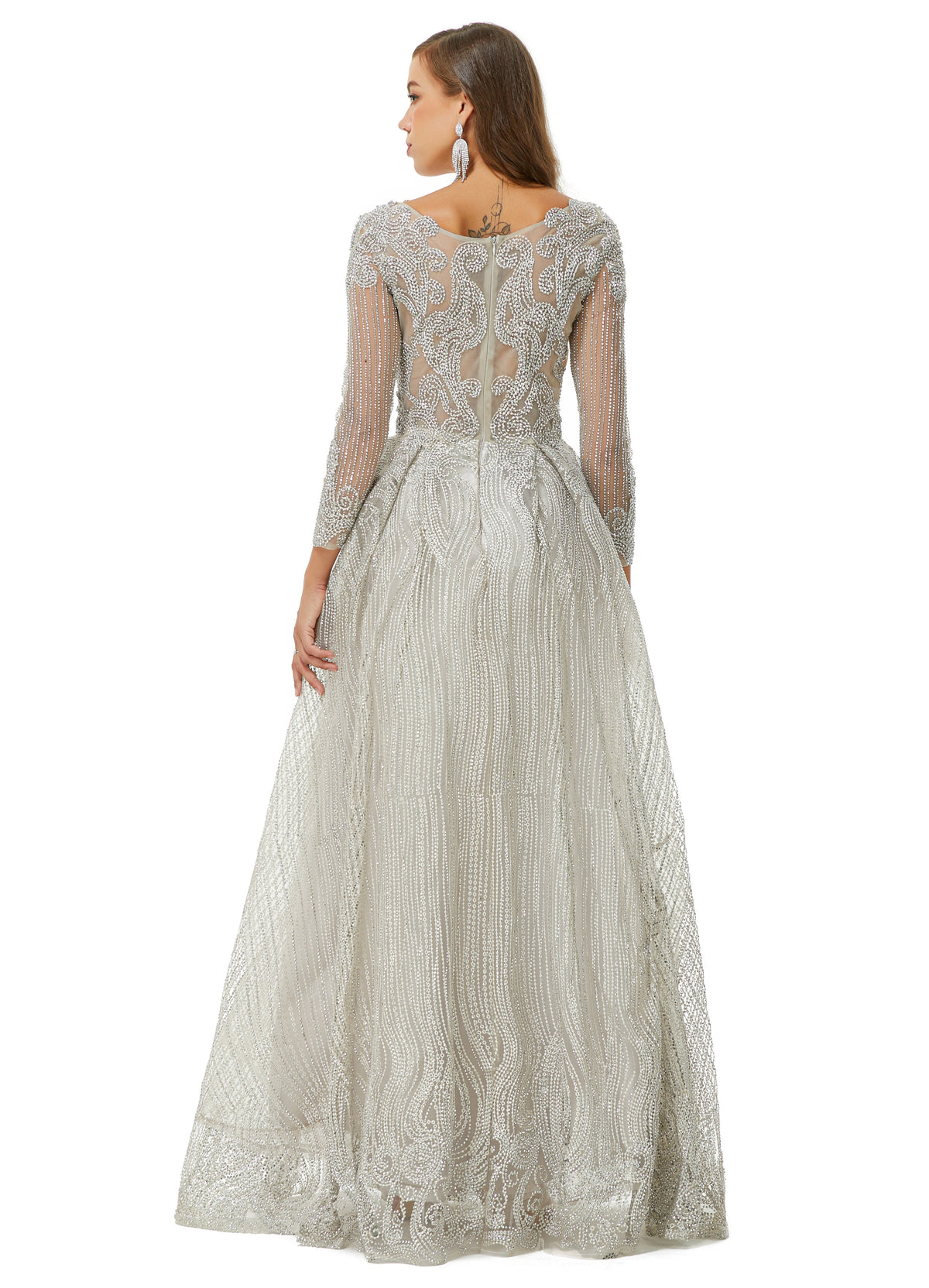 A-line V-neck Beading Floor-length Long Sleeve Open Back Lace Prom Dress