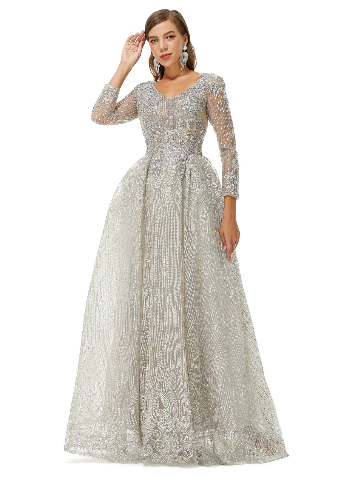 A-line V-neck Beading Floor-length Long Sleeve Open Back Lace Prom Dress