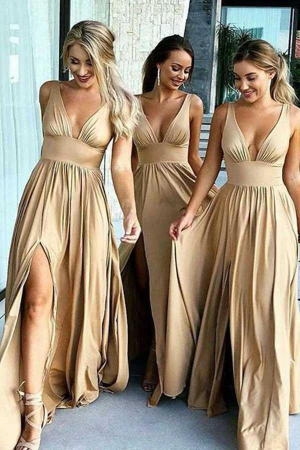 A-Line V-Neck Elastic Satin Bridesmaid Dress with Split BD055 by pgmdress