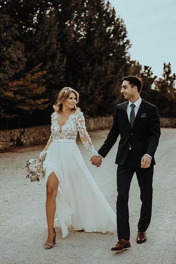 A-Line V-Neck Floor Length Chiffon Wedding Dress with Appliques Flowers (ZD16311)