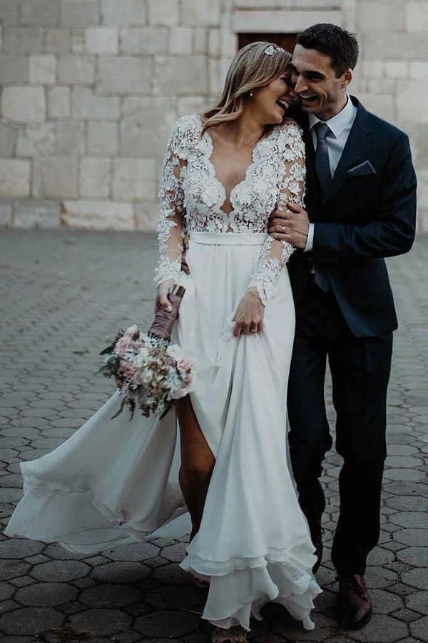 A-Line V-Neck Floor Length Chiffon Wedding Dress with Appliques Flowers (ZD16311)