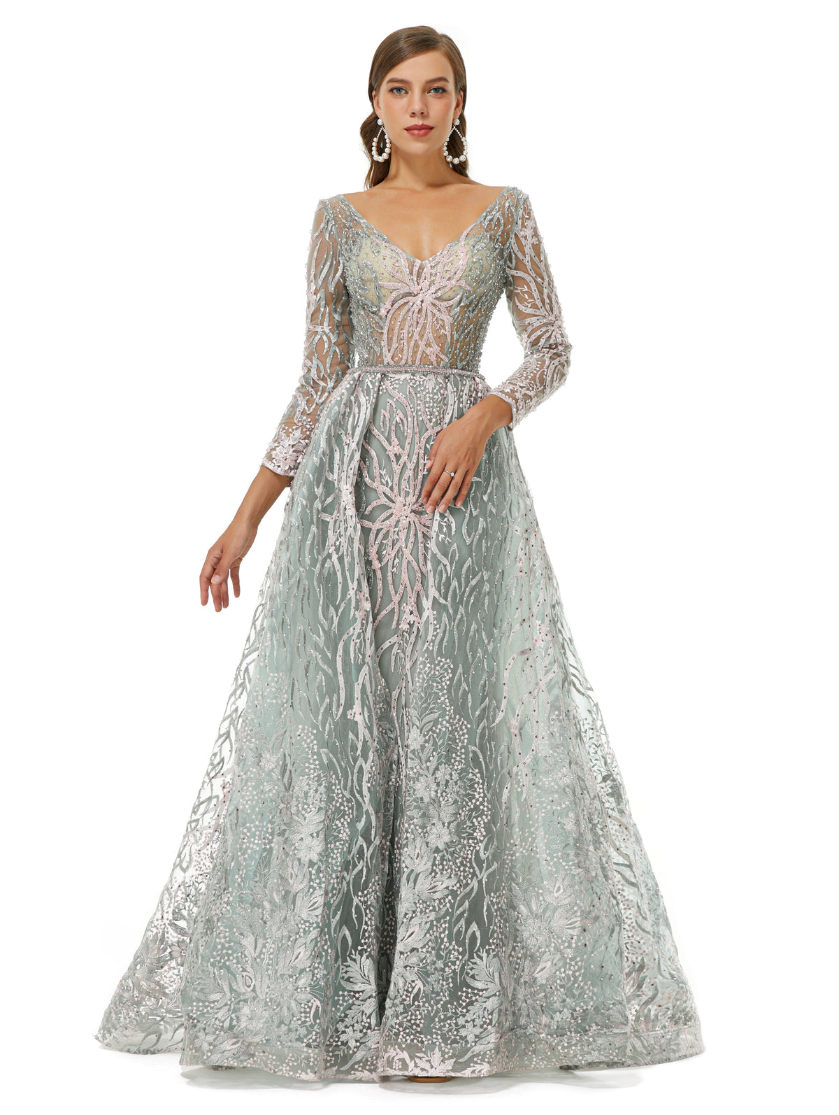 A-Line V-Neck Floor-Length Long Sleeve Open Back Appliques Lace Prom Dress