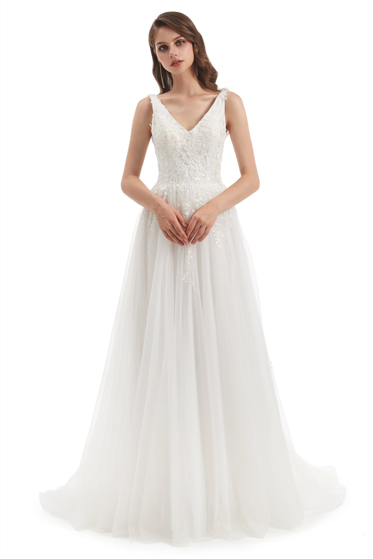 A-Line V-Neck Floor-Length Sleeveless Backless Appliques Lace Wedding Dress