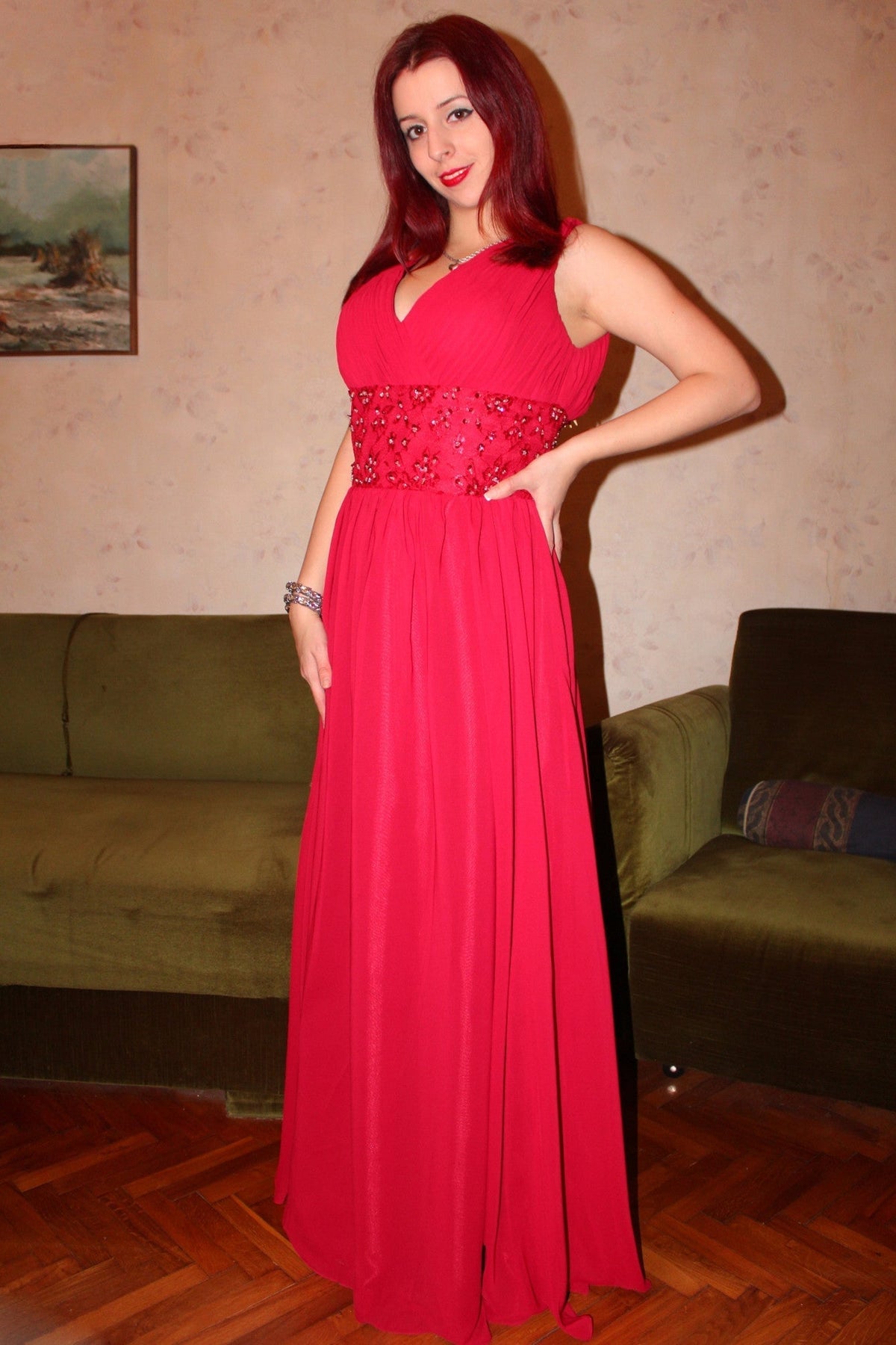 A-line V-neck Floor Length Sleeveless Chiffon Beaded Evening Dress