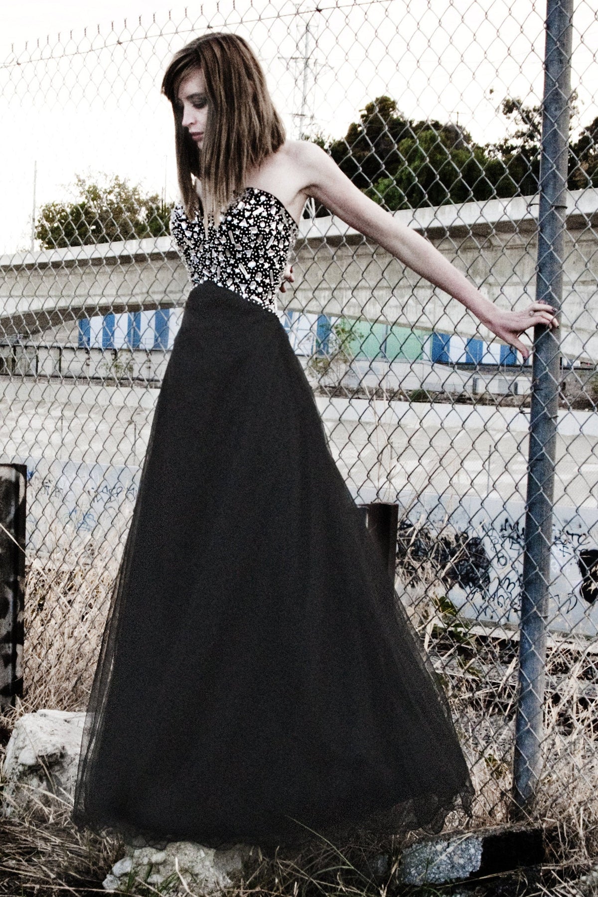 A-Line V-Neck Floor-Length Tulle Rhinestone Corset Prom Dress