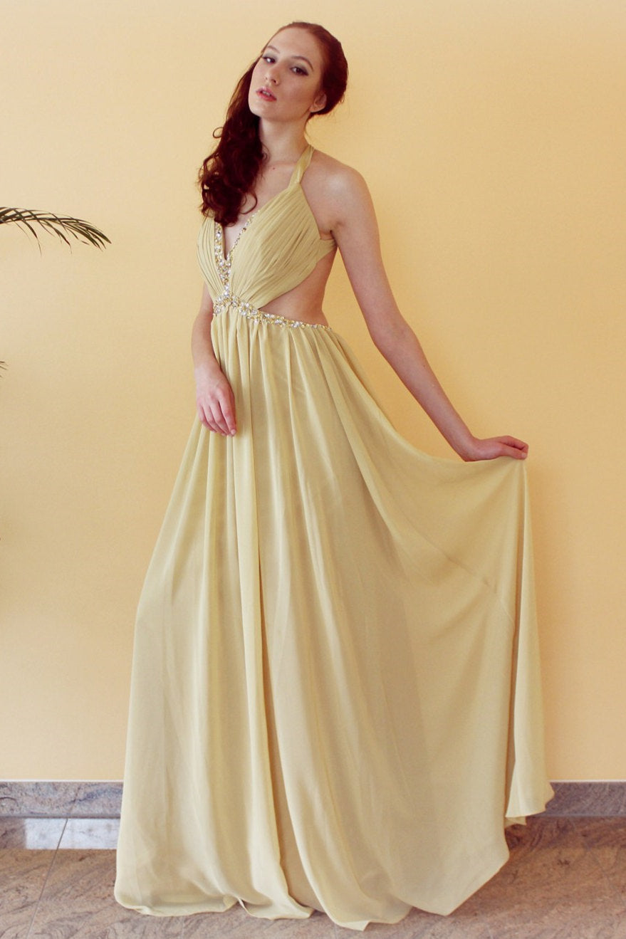 A-Line V-Neck Halter Floor-Length Chiffon Rhinestone Backless Prom Dress