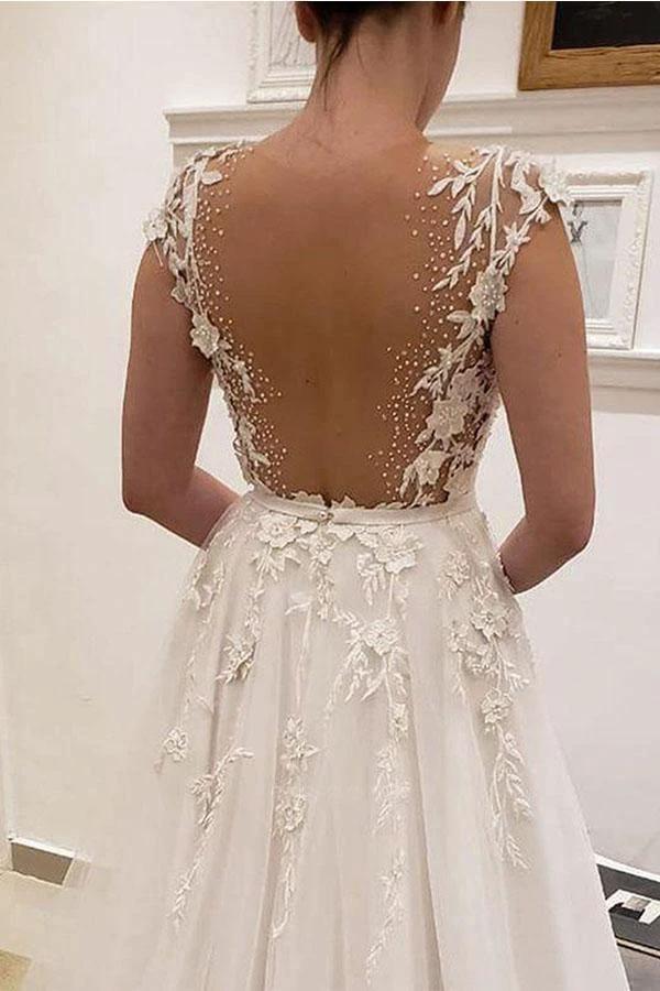 A Line V Neck Ivory Lace Fairy Long Wedding Dresses with Appliques (ZD15352)