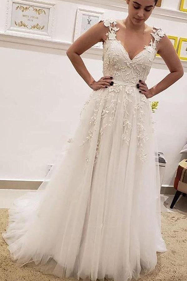 A Line V Neck Ivory Lace Fairy Long Wedding Dresses with Appliques (ZD15352)