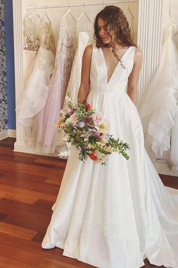 A-line V Neck Ivory Satin Simple Elegant Wedding Dresses (ZD15292)