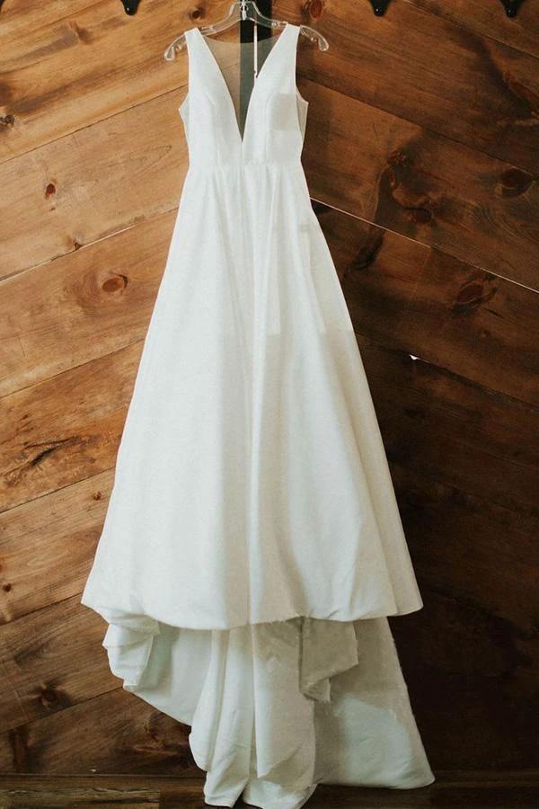 A-line V Neck Ivory Satin Simple Elegant Wedding Dresses (ZD15292)