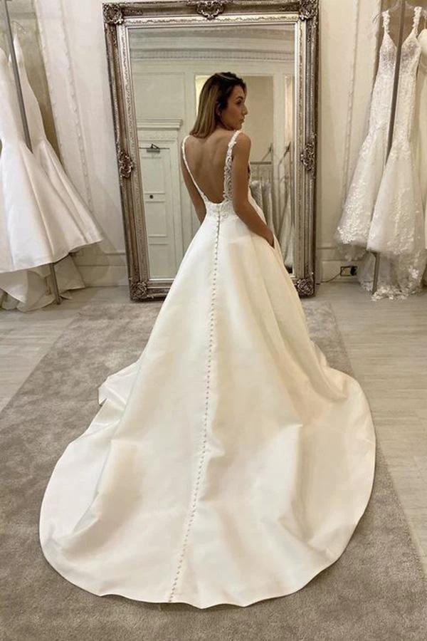 A-Line V-neck Ivory Satin Simple Wedding Dress Backless Bridal Gowns (ZD16006)