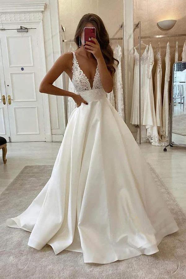 A-Line V-neck Ivory Satin Simple Wedding Dress Backless Bridal Gowns (ZD16006)