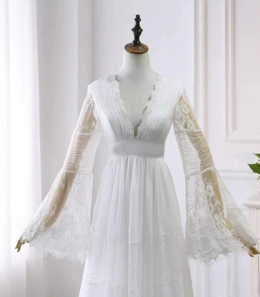 A-line V neck Long Sleeve Wedding Dress Rustic Boho Wedding Dress (ZD16296)