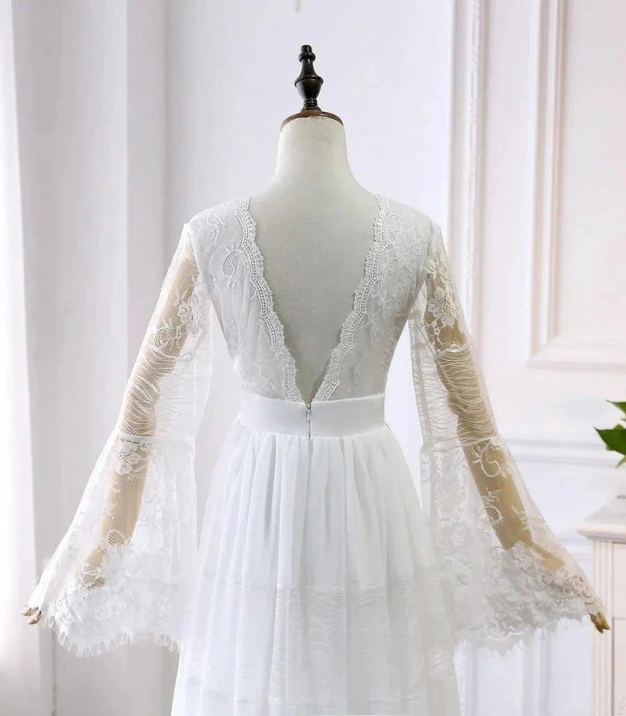 A-line V neck Long Sleeve Wedding Dress Rustic Boho Wedding Dress (ZD16296)