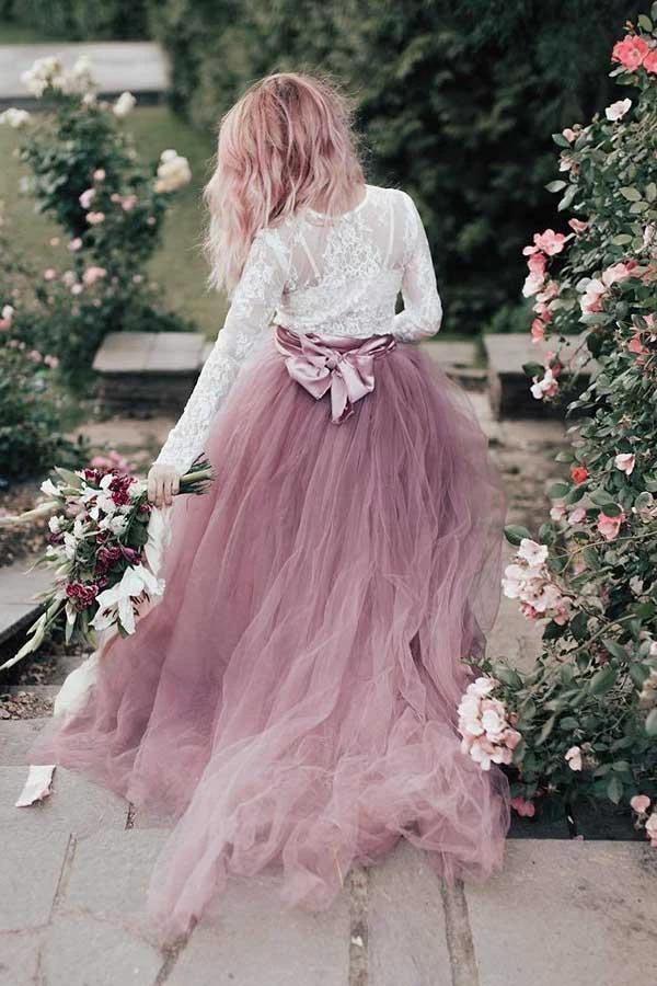A-Line V-Neck Long Sleeves Pink Tulle Wedding Dress with Lace Appliques (ZD15394)