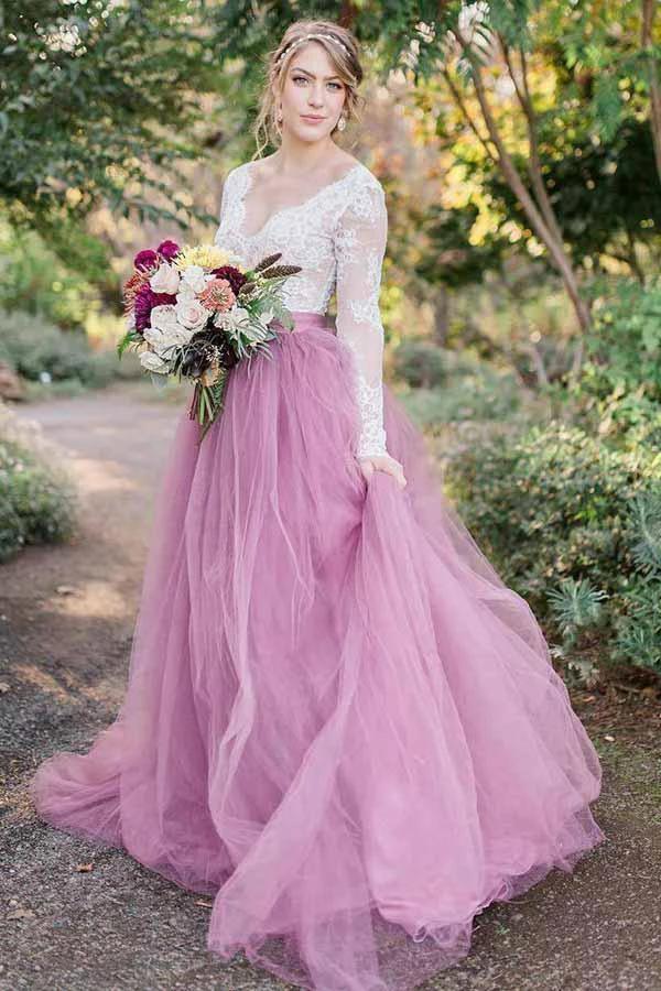 A-Line V-Neck Long Sleeves Pink Tulle Wedding Dress with Lace Appliques (ZD15394)